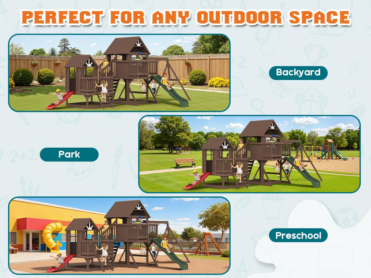 ALBOTT 3 Different Size Wooden Swing Set for Kids, Large Outdoor Wood Playhouse with Double Towers, Wave Slides, Swings, Climbing Wall & Ladder, Backyard Playground for Ages 3–8