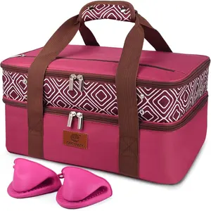 Casserole Carrier for Hot or Cold , Expandable Double Decker  Carrier with  Hand Protectors - Fits 9"x13" Baking Dish-Lasagna Holder Tote for Parties Potluck Picnic (Red)
