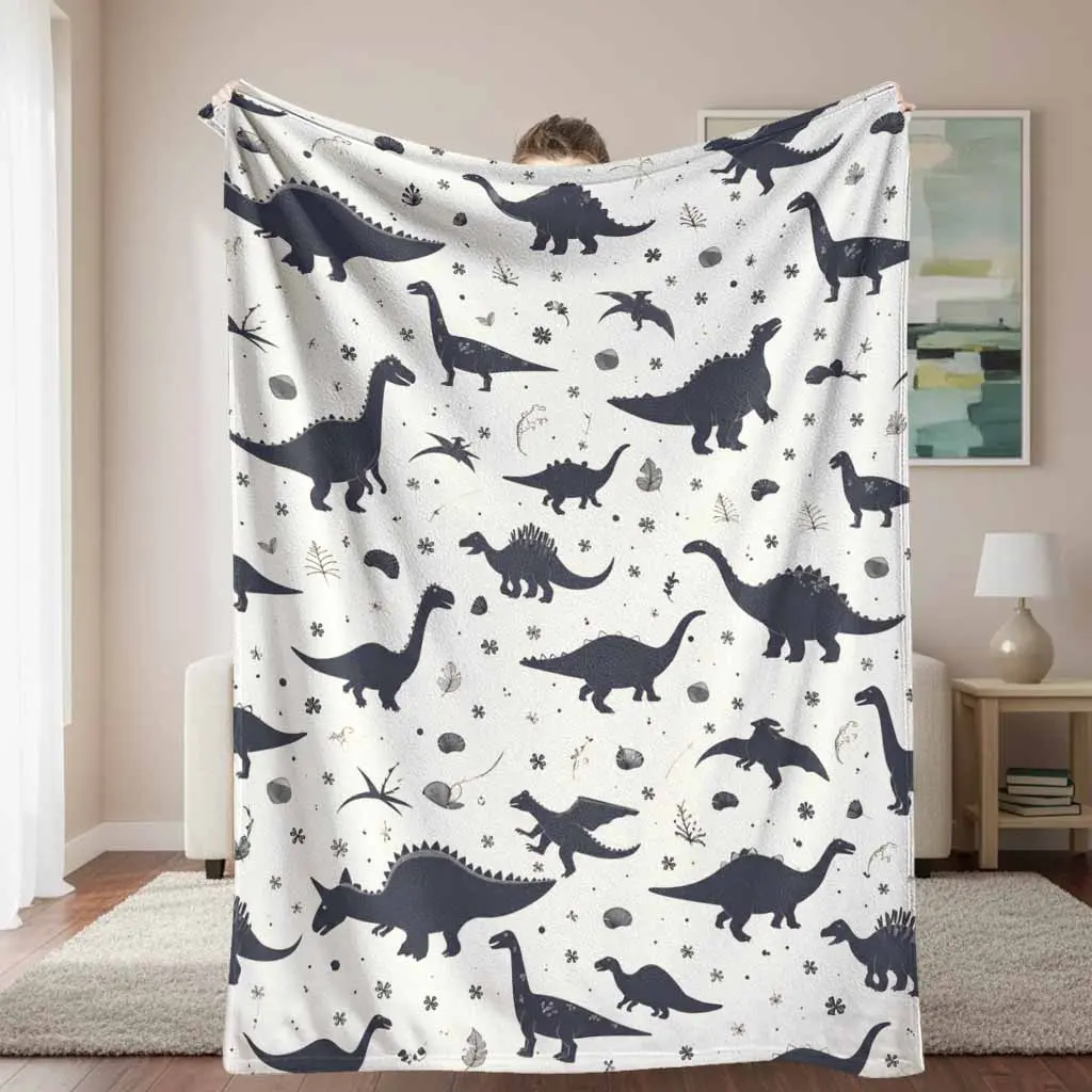 Dinosaur Pattern Flannel Blanket Prehistoric Creature Print Super Soft Lightweight Cozy Plush Throw Decorative Bedding for Bedroom Living Room Sofa Couch Travel Camping Gift