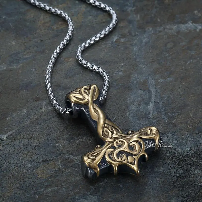 Stainless Steel Gold Norse Viking Thors Hammer Mjolnir Pendant Necklace