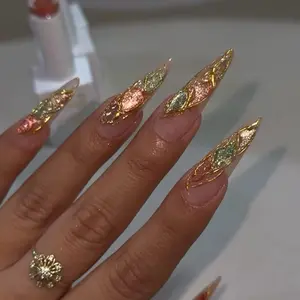 SHEDARES Sunset Cat Eye – Handmade Press-On Nails with Pink, Green & Gold Cat Eye Effects, Metallic Edges & Glossy Nude Base – Perfect for Vacation & Glow Looks