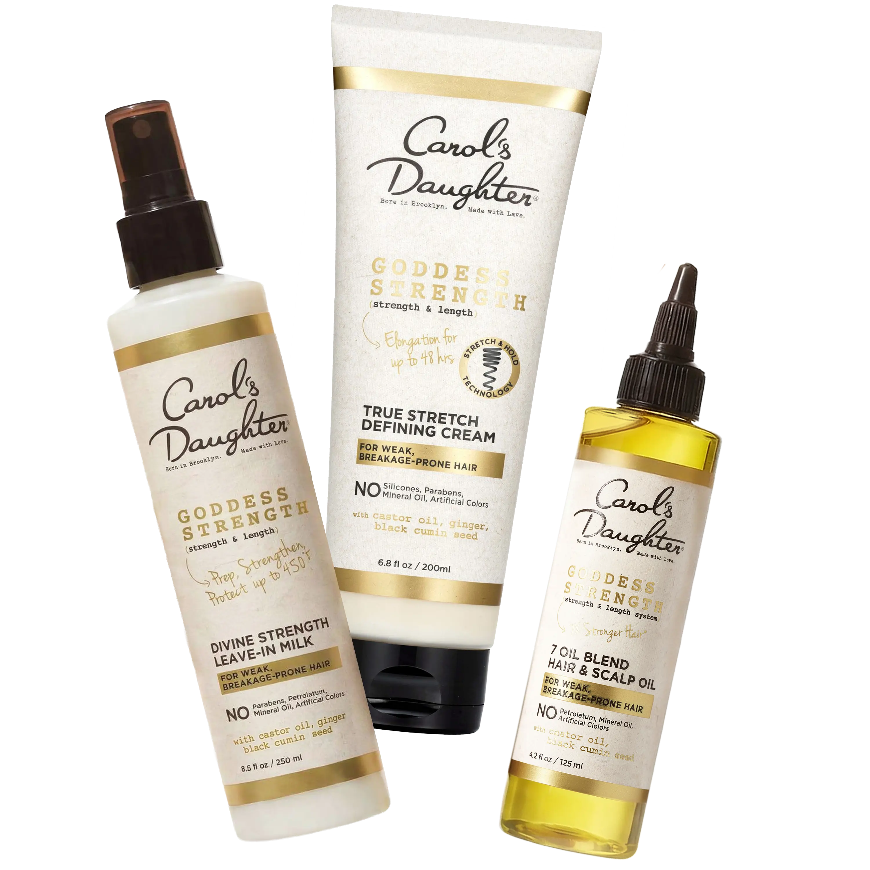Goddess Strength Leave-in Milk, True Stretch Defining Cream and Hair & Scalp Oil Bundle