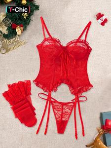 women's adjustable strap backless lace lingerie set, tie front cami top & sheer thong & ruffle stockings set, women's lingerie & underwear for summer