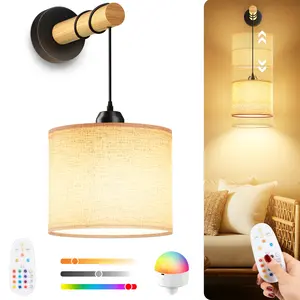 Rechargeable Battery-Operated Modern Fabric Wall Sconce with Wooden Arm, Remote Control, Dimmable LEDs and Multicolor Light for Indoor Bedroom, Living Room