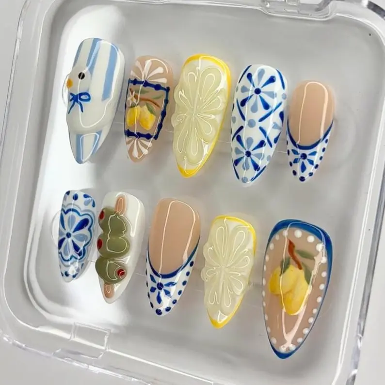 A3 Mediterranean Lemon Press-On Nails, Blue Tile and Olive Design, Fresh Coastal Pattern, Gift for Her