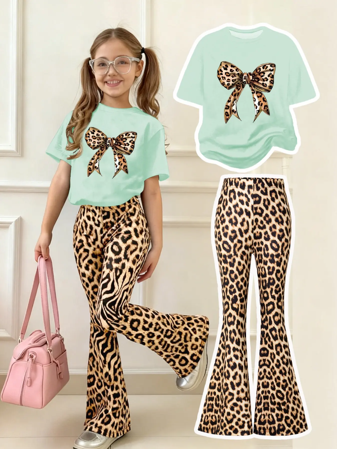 Girls' 2-Piece Leopard Print Set, Casual Loose-Fit T-Shirt & Pants, Summer, Ideal for Outdoor Activities, Summer Outfits Set