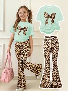 Girls' 2-Piece Leopard Print Set, Casual Loose-Fit T-Shirt & Pants, Summer, Ideal for Outdoor Activities, Summer Outfits Set