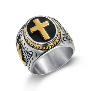 two-color retro men's ring goldenen prayer hand cross ring