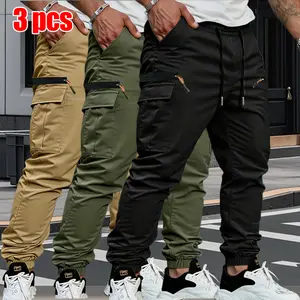 3-Pack Men's Cargo Pants, Fake pocket with decorative zipper, Lightweight Summer Joggers, Multi-Pocket Elastic Drawstring Waist, Solid Color Regular Fit Trousers for Daily Casual, Running, Workouts & Outdoor Activities SpringStatements