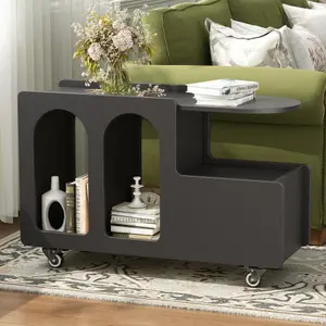 ON-TREND Mobile End Table with lockable wheels, Cream Style Side Table with Storage Drawer, 11.8inch Narrow Nightstand with Multi-layer Storage, Living Room, Black -N721P191983B