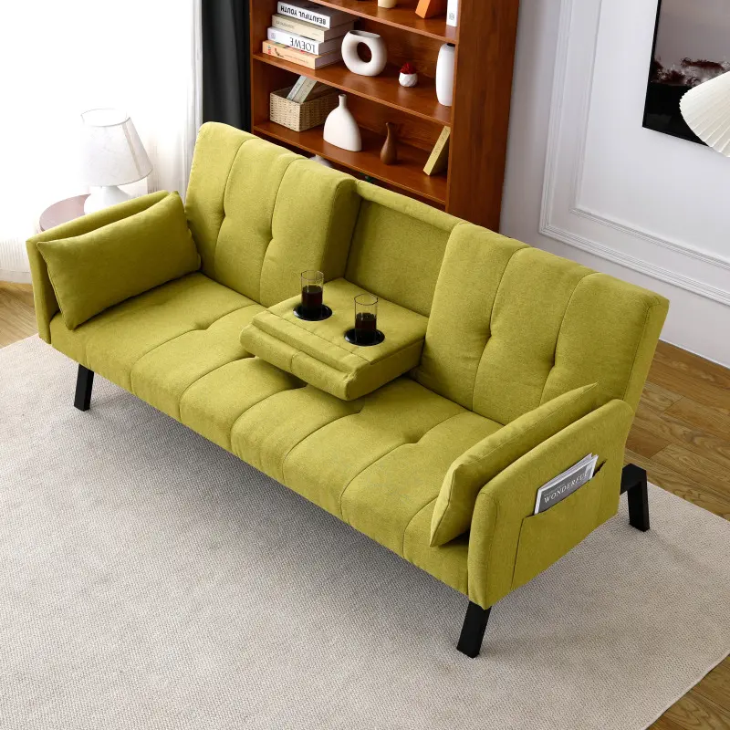 70-Inch Long Sturdy Cotton-Linen Multi-Functional Sofa Bed - Foldable, 2 Cup Holders, Side Storage, 70x28x30", 63.93 lbs, Instantly Converts Between Living Room Sofa and Bedroom Bed