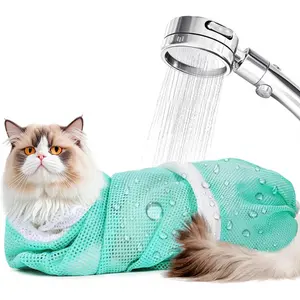 Cat Bathing Grooming Bag Adjustable Breathable Mesh Pet Restraint Bag for Bath Nail Trim Medicine and Vet Visits Escape Proof Wash Bag Green portable mesh shower bag cat  bath  mesh  bag adjustable cat Adjustable Pet Bath Brush Set