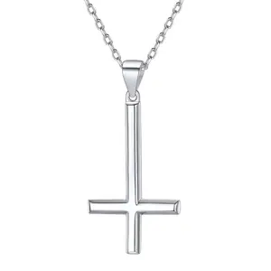 ChicSilver Unisex 925 Sterling Silver Minimalist Upside Down Cross Necklace Pendant for Women Men