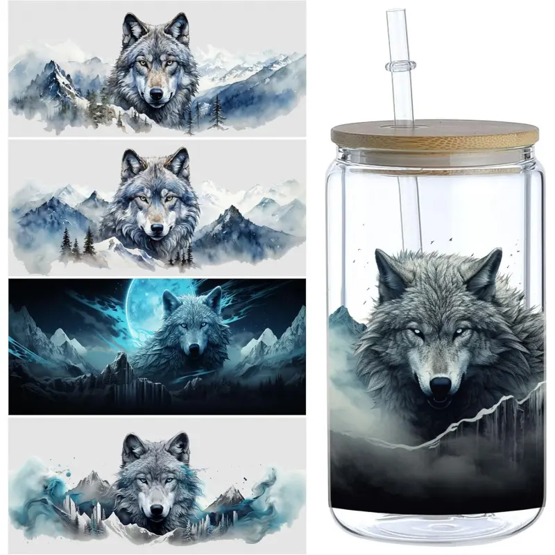 UV DTF Transfer Stickers for Tumblers - 5 Sheets Wolf Pack Design, Waterproof Adhesive Decals for Cups, Glass, Plastic, Phone Cases DIY Decor