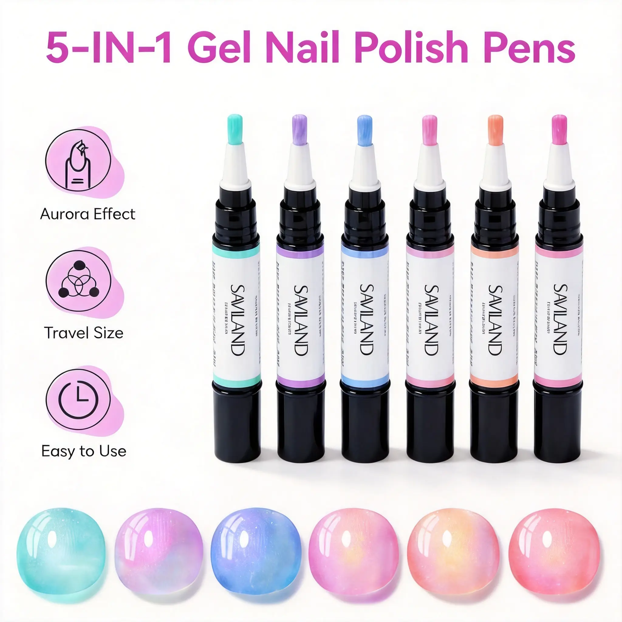 SAVILAND 5-in-1 Gel Nail Polish Pen – Base, Color & Top Coat All-in-One with Aurora Effect, Easy UV/LED Curing, Mess-Free Travel-Friendly Design for DIY Nail Art