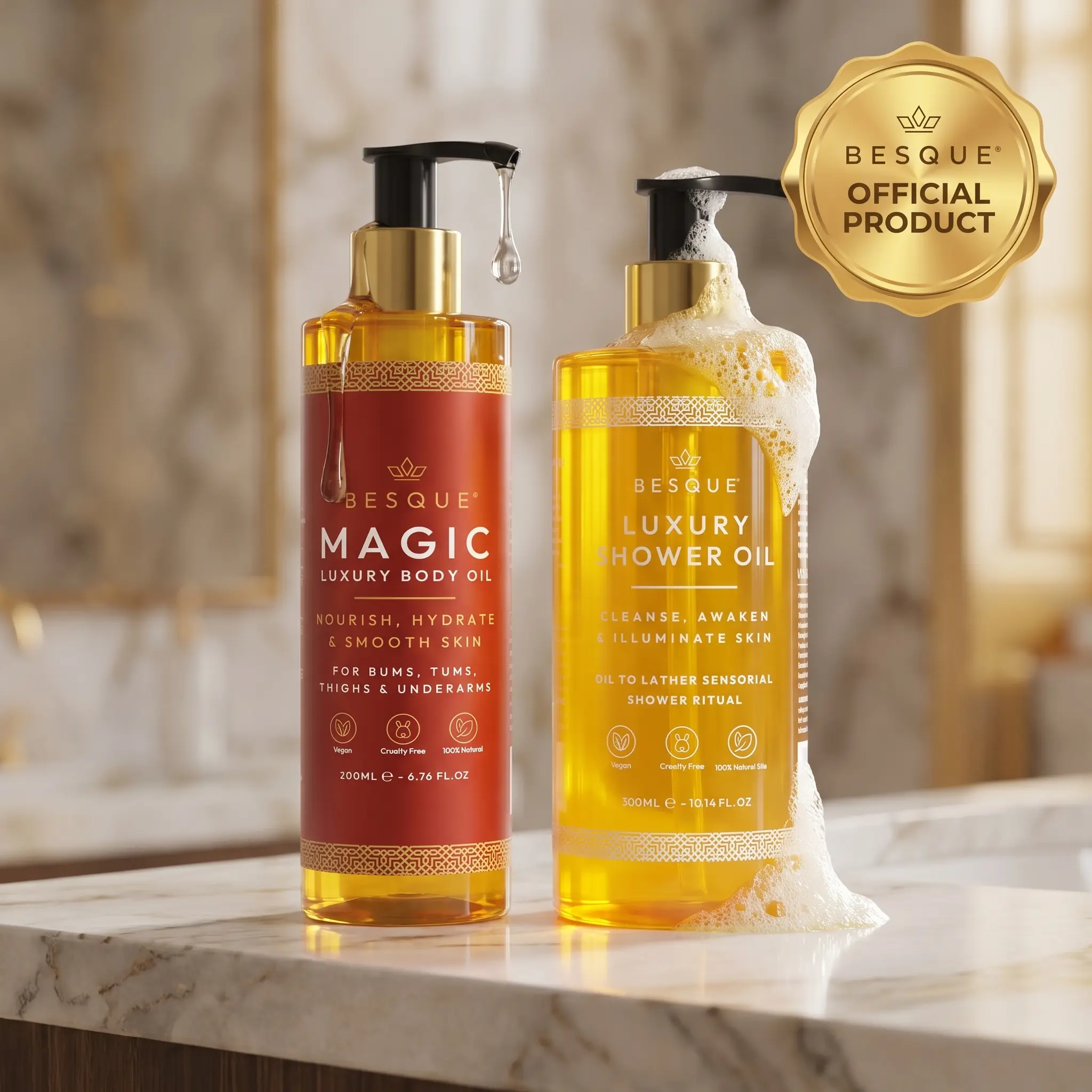 Besque Ritual Bundle, Cleanse, Seal & Glow | Besque Shower Oil + Body Oil Duo | Ultimate Hydration Bundle