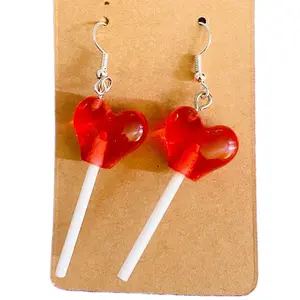 Red candy heart sucker lollipop hook earrings