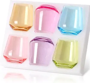 Physkoa Colored Stemless Wine Glasses Set of 6 - Multi Color 14oz Diamond Shaped Cocktail Glasses for Home Party Drinkware