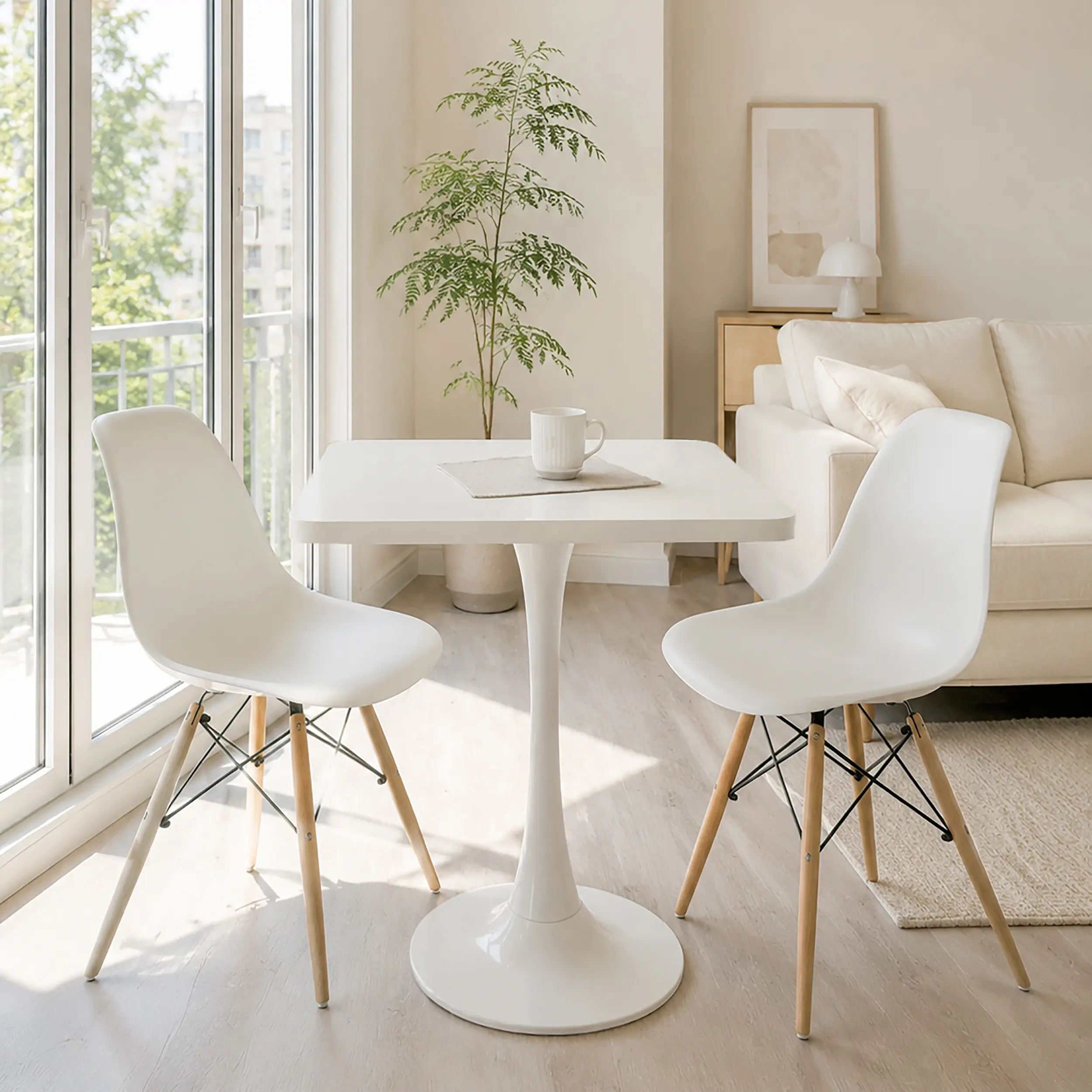 Square Dining Table 23.6 Inch Tulip Table with Thickened Edge MDF Top and Metal Pedestal Base, Mid Century Modern Bistro Table for Kitchen, Small Space, Living Room, Cafe, White
