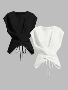 Summer Women's 2-Piece Knit Round Neck Drop Shoulder Sleeve T-Shirt Set, Fashion Chic Casual Asymmetrical Ruched Cross Cutout Back Top