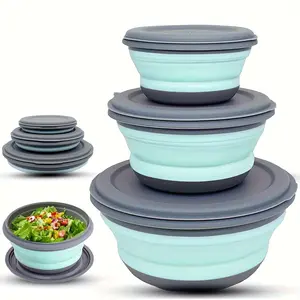 3-Pack Foldable Camping Bowls with Lids, Expandable Food Storage Containers, Stackable Durable Bowls for Salad and Lunch, Essential Camping Gear