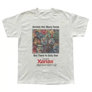 Gildan Men's White T-shirt, Vintage Style Style Xanax "Anxiety Has Many Faces" Seamless Graphic Tee, Gift for Him, Vintage Medical Ad, Pharma Meme Shirt, Sarcastic Mental Health, Men Streetwear Fashion, Trendy Oversized Top, Edgy Graphic Tee, Cool Top