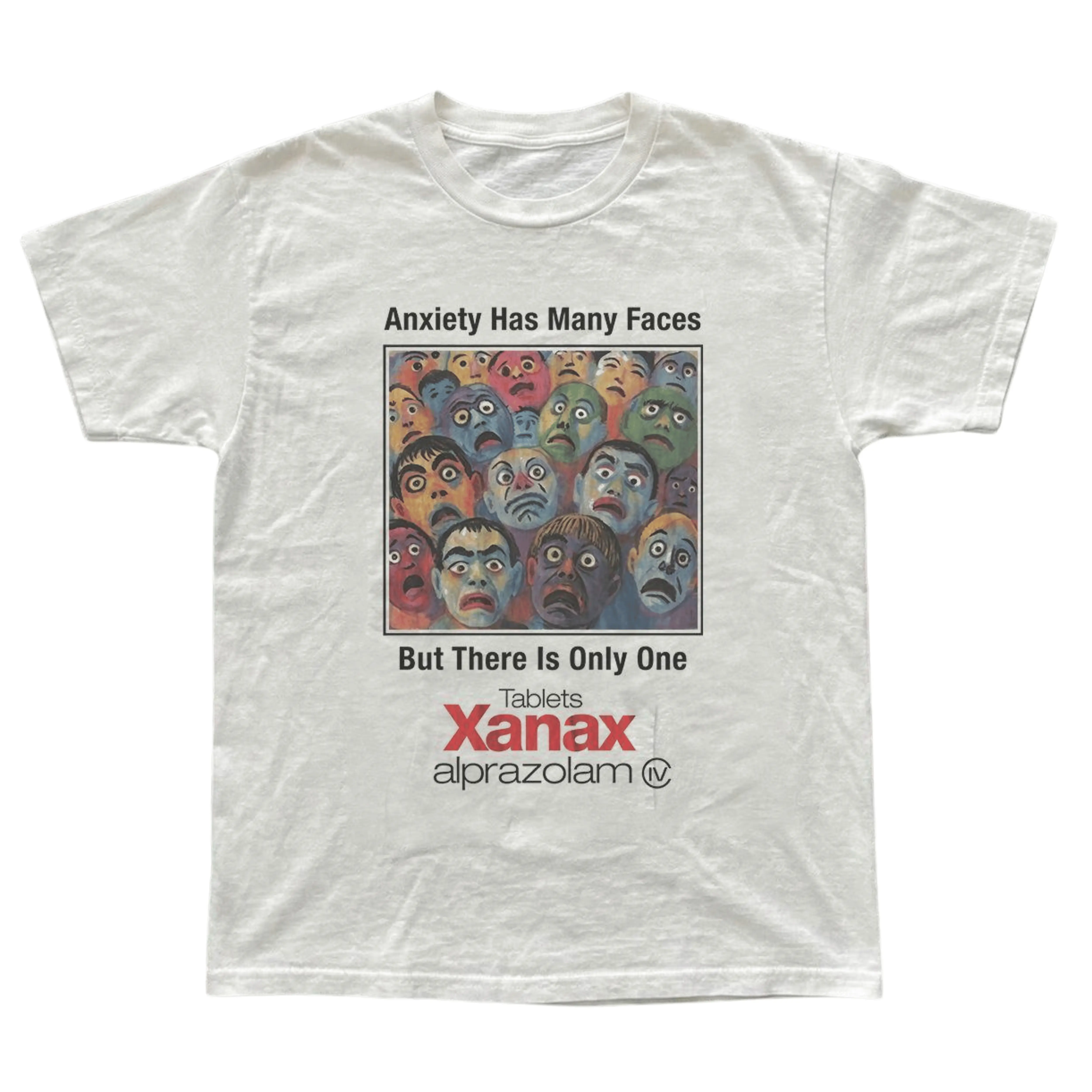 Classic Meme Unisex T shirt Anxiety Has Many Faces Xanax Alprazolam Art Print Crew Neck Short Sleeve Casual Tee For Outdoor Activity Vacation Daily Street Fashion Men Women