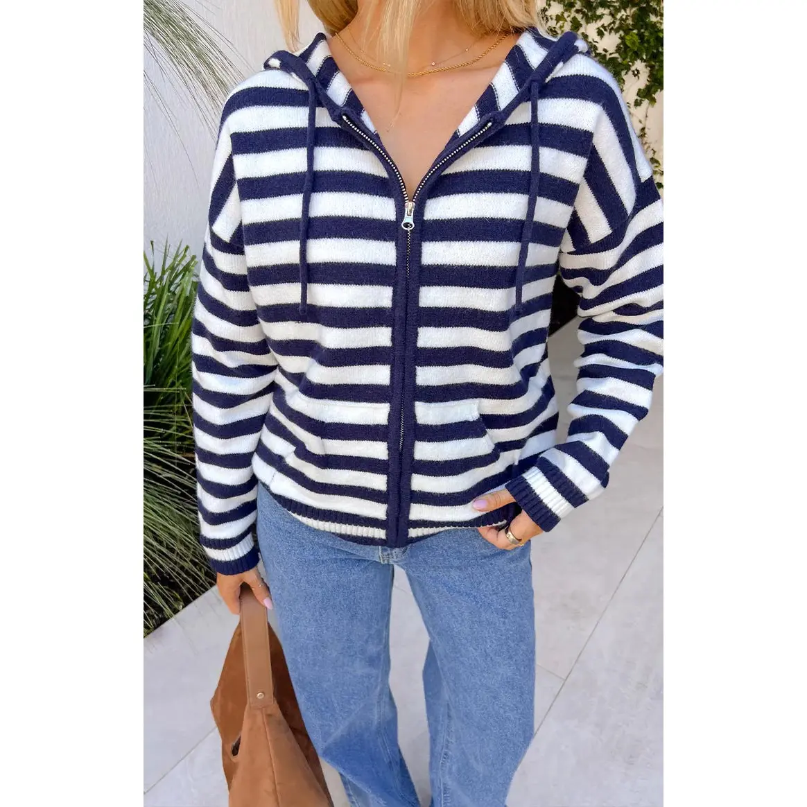 Mollie Navy Stripe Knit Zip Sweater