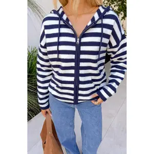 Mollie Navy Stripe Knit Zip Sweater