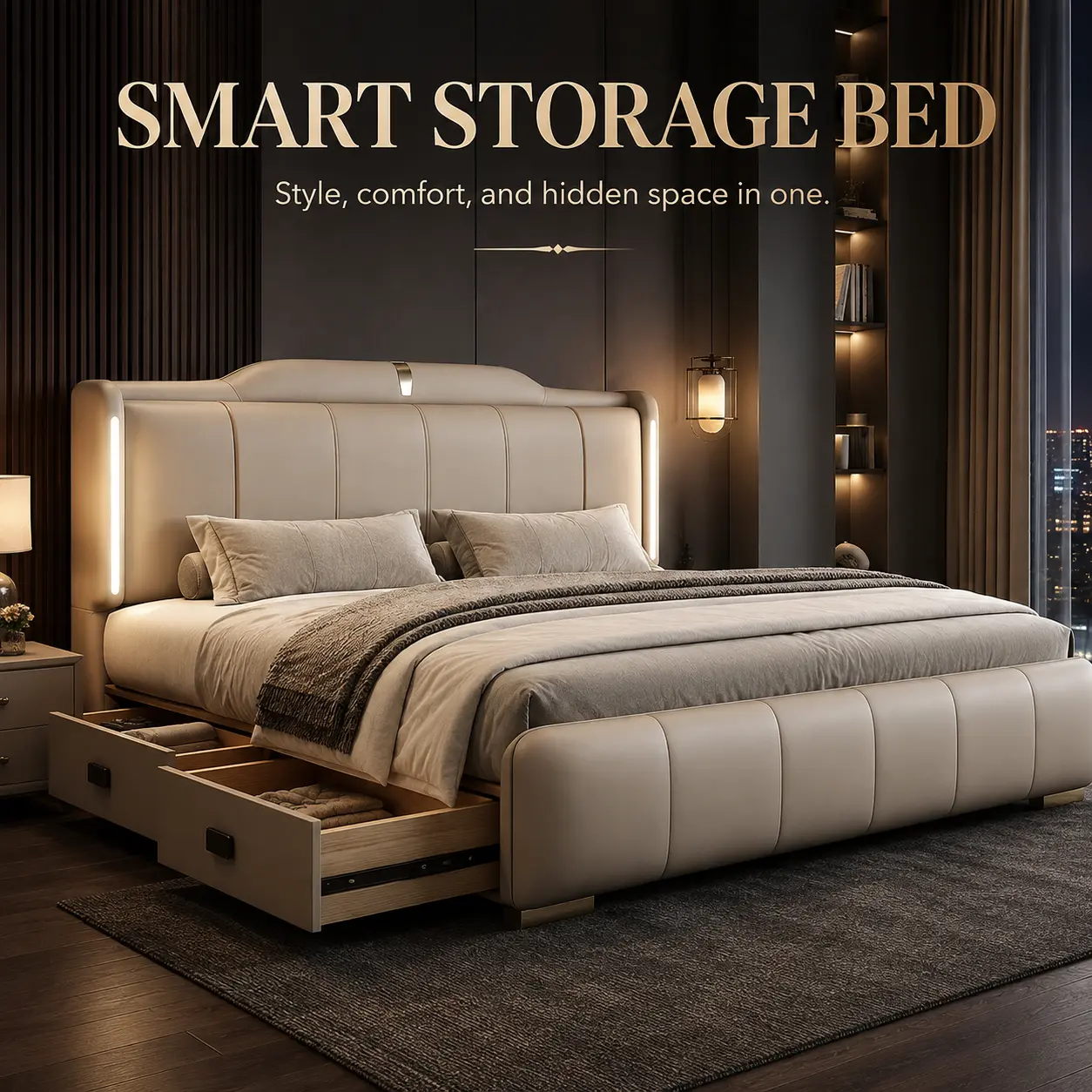 Modern Faux Leather Storage Bed Frame with LED Headboard, Upholstered Platform Bed with Lift-Up Storage and Side Drawers for Bedroom