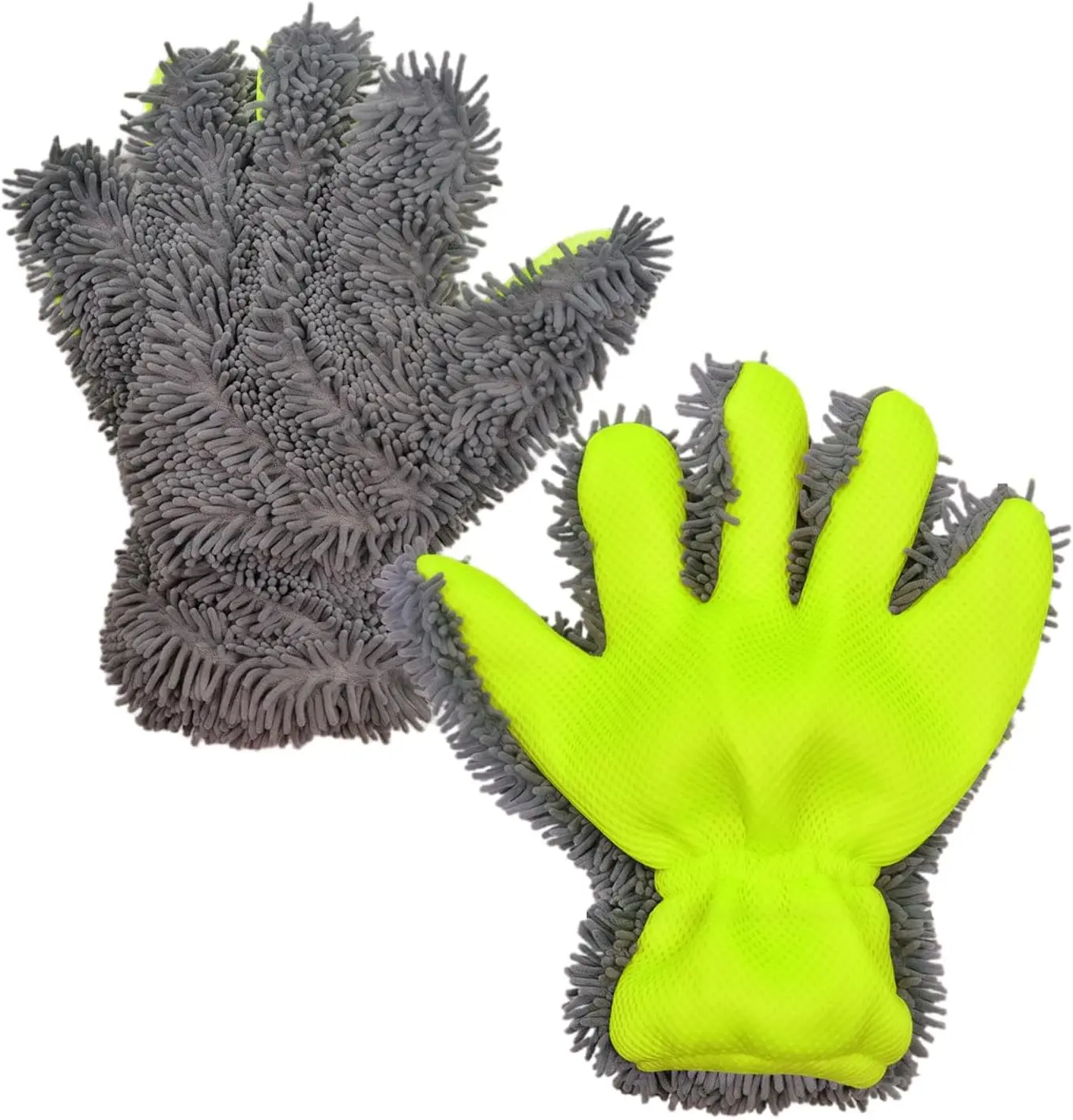 2 PCS Microfiber Chenille Car Wash Gloves - Premium Scratch-Free Elastic Furry Style Cleaning Gloves with High Absorption, Dirt Trapping, Separate Fingers, Universal for Cars, SUVs, Trucks (Gray & Green), Washing