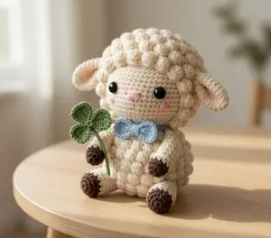 Lucky Lamb Crochet Plush with Four-Leaf Clover – Handmade Amigurumi Sheep Doll, Cute Crochet Animal, Good Luck Gift, Nursery Decor, Kawaii Plush Toy