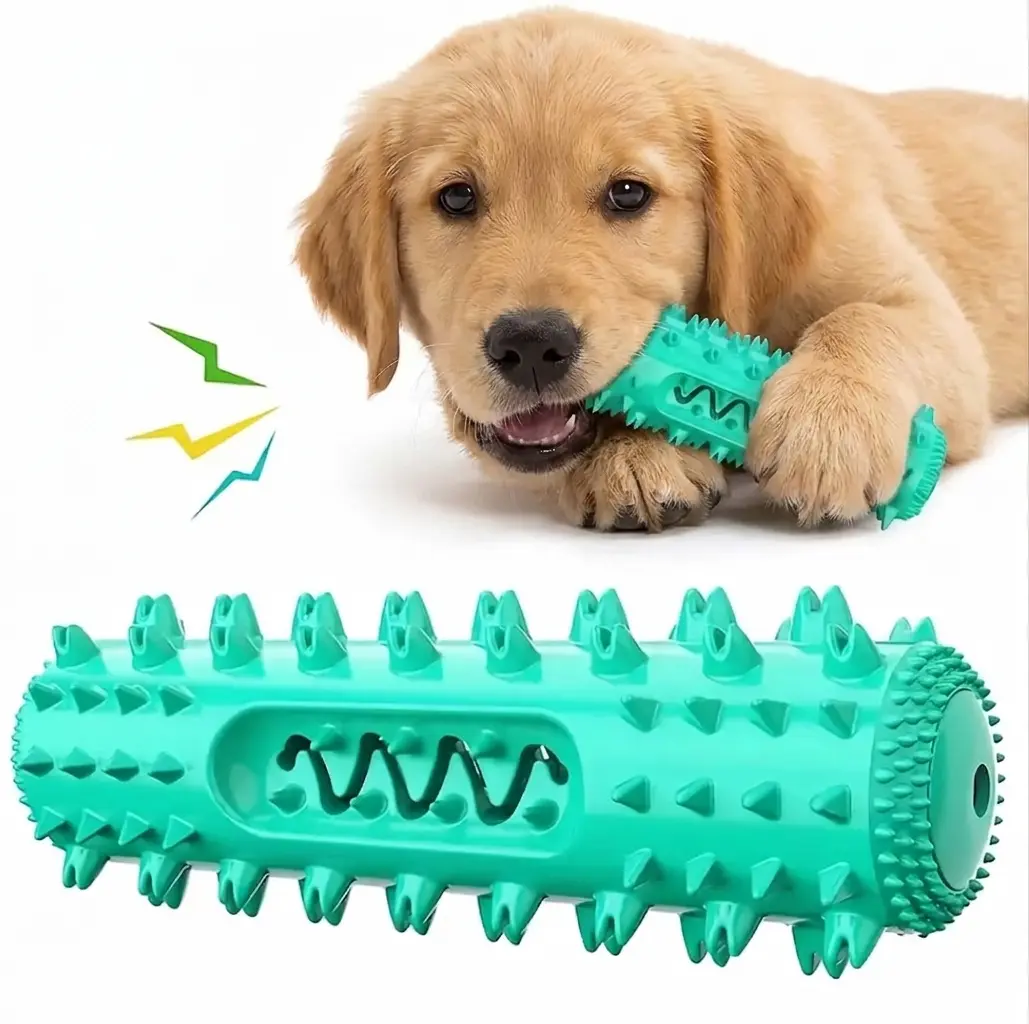 Durable squeaky dog chew toy that keeps dogs entertained while cleaning their teeth; can also serve as a birthday gift.
