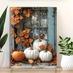 1pc Rustic White Pumpkin Canvas Wall Art with Frame - 12x16 Inch Fall Harvest Decor, Autumn Leaves & Pumpkins Farmhouse Seasonal Decor, Ready-to-Hang Vintage Window Scene for Thanksgiving Halloween Home Decor, Halloween Decor, 2D Flat	