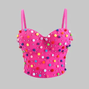 Tank Tops Bra Blusas Short Hand-Stitched Beading Rhinestone Colorful Little Ball Ball Corset Summer Spring Rave Outfits Woman Vest Sexy Clothes  Hot Fishbone Pink Cute Clothing Sling Wedding Party Blind Date Stage Party Shaper Ladies Crop Shirt Tube Tops