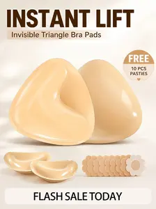 Triangle Silicone Breast Pads, Double Sided Adhesive Breast Lift Inserts, Waterproof Sweatproof for Bikinis Wedding Summer Dresses, Fits A-D Cups All-Day Secure Stay | FREE Bonus 10pc Flower Nipple Covers!