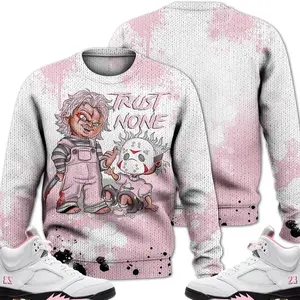 5 Medium Soft Pink Ugly Sweater, Soft Pink 35th Anniversary 5s Shirt, Trust No One Scary Couples Matching Outfits Streetwear Sneaker Shirt Clothes Fabric