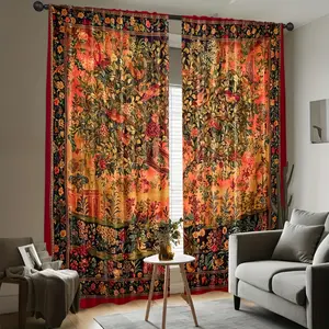 2 pieces, Bohemian style curtains - red/orange/green/black/beige tropical floral gauze curtains, translucent privacy sunshades for living rooms, bedrooms, and kitchens, pole free, easy to care for, hand wash only, modern jacquard design art fabric, suitab
