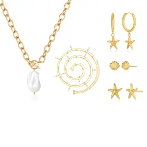 TEWIKY 14K Gold-Plated 3PCS Three Pairs of Gold Earrings OT-Clasp Shell Pearl Necklace & Gold Double-Layer Waist Chain SET Elegant Design Valentine's Day Gift Suitable for All Occasions