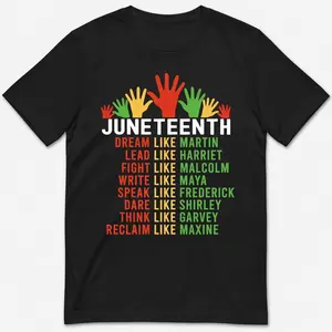 Women's And Men's Black Juneteenth T-Shirt - , Short Sleeve, Crew Neck, Featuring African Historical Figures (, Malcolm, Maya, Garvey) - Casual Juneteenth Celebration Apparel, Regular Fit Unisex T-Shirt