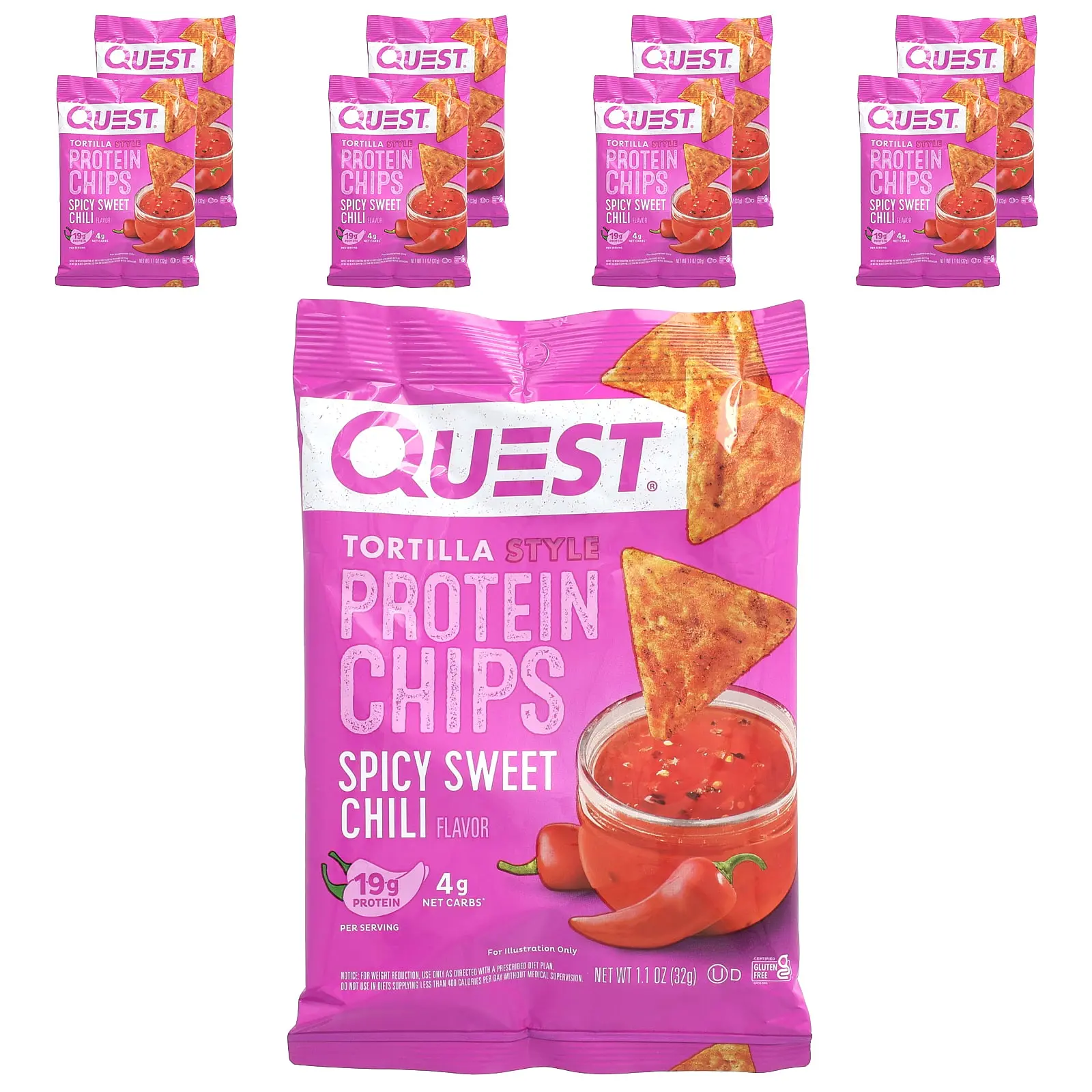 Quest Nutrition Tortilla Style Protein Chips, Spicy Sweet Chili, 8 Bags, 1.1 oz (32 g) Each Quest Nutrition Tortilla Style Protein Chips, Spicy Sweet Chili, 8 Bags, 1.1 oz (32 g) Each
