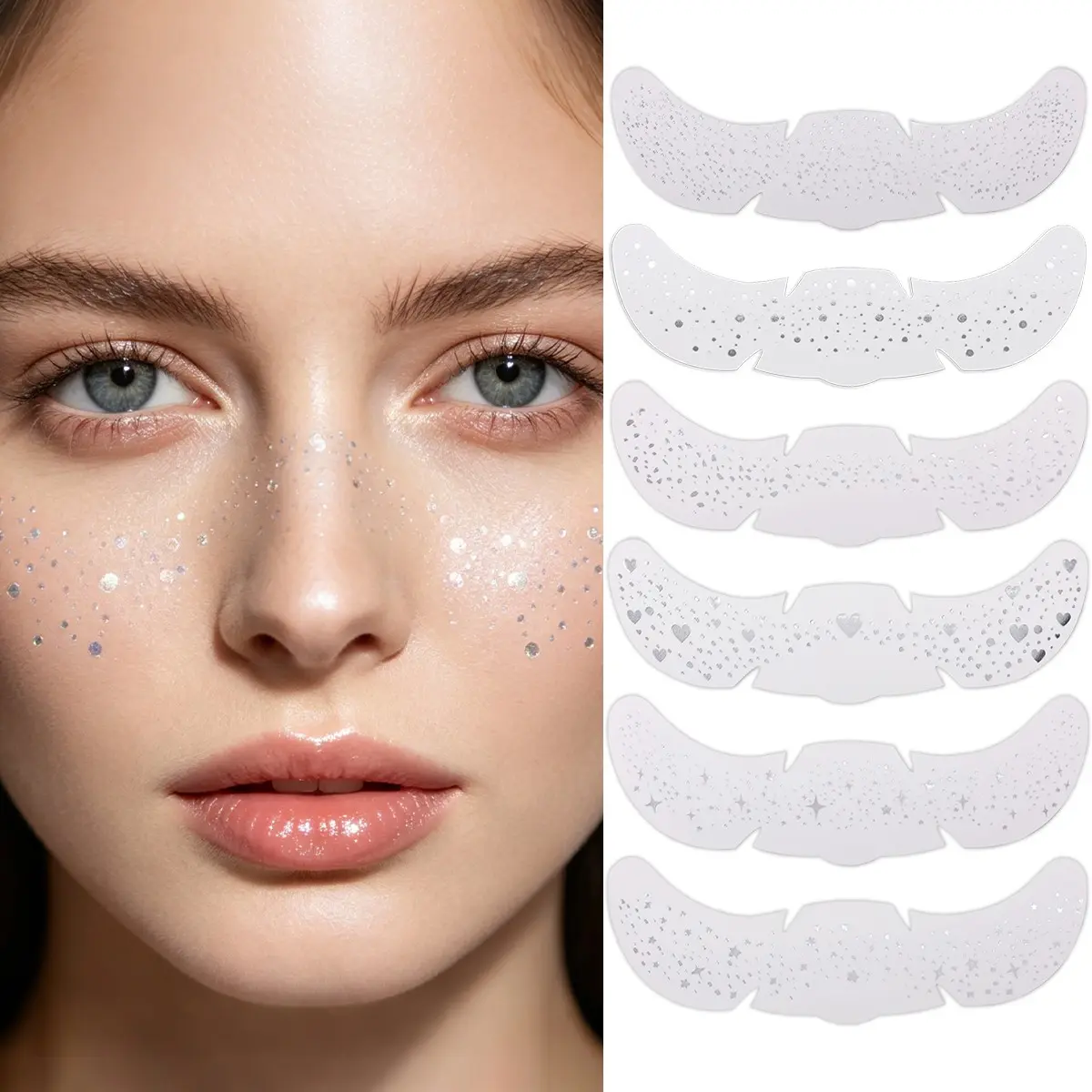 6 Pcs Holographic Effect Glitter Freckle Pattern Face Tattoo Stickers, Waterproof Design Glossy Body Sparkle Dots, Cute Star Motifs Glitter Stickers, Festival Temporary Tattoos, Face Decoration