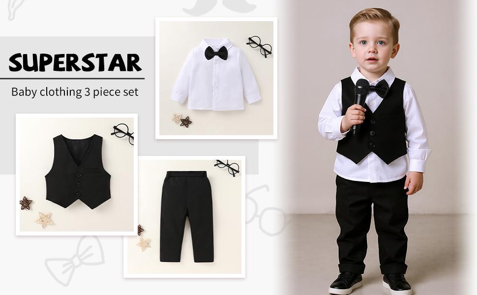 YOUNGER TREE Toddler Boys' 4-Piece Gentleman Suit, Long Sleeve Polyester Blend Blazer Set with Bow Tie, All Seasons Formal Wedding Outfits, Formal Wear,back to school, Set Pack