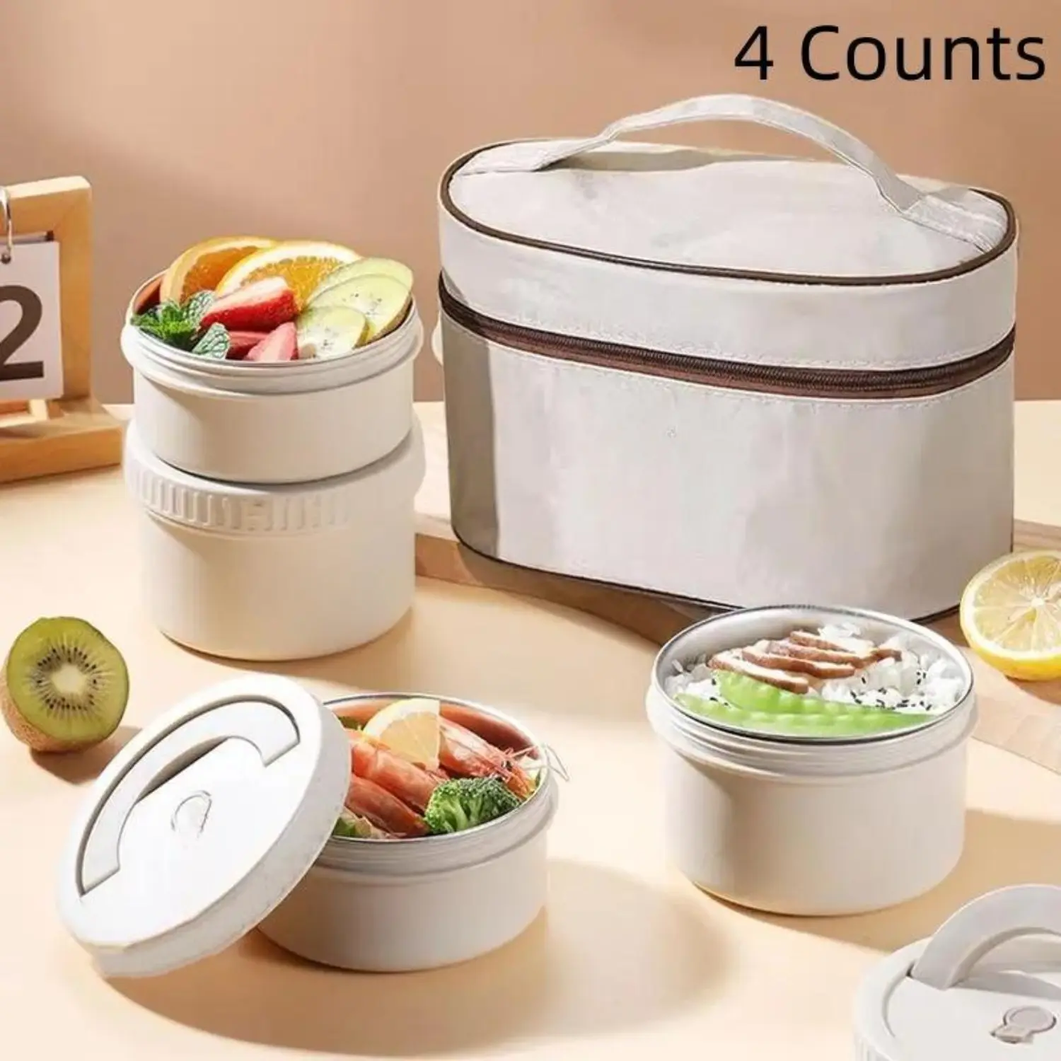 4-Piece Stackable Stainless Steel Lunch Box Set, Reusable Food Containers with Lids, Cutlery & Insulated Bag - Lightweight for Outdoors Meal Prep, Plain, Secure-Fitting Lids, Tableware, Saves Storage Space