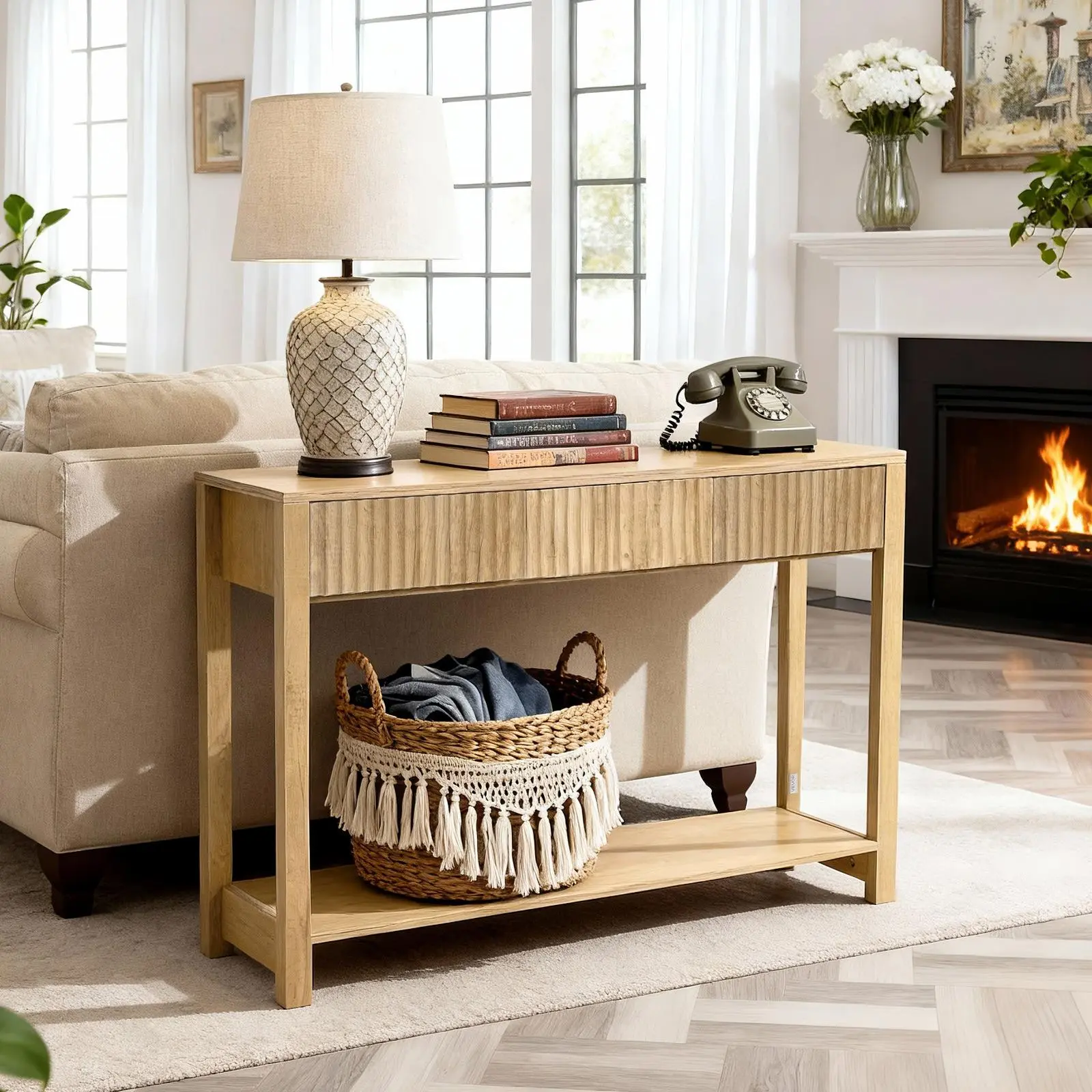 【SummerFinds】VEVOR 47 in Console Table, Farmhouse Desk Behind the Couch with Drawers and Bottom Storage Shelf, Wooden Rectangle Entrance Narrow Sofa Table for Hallway, Bedroom, Living Room, Foyer, Burlywood