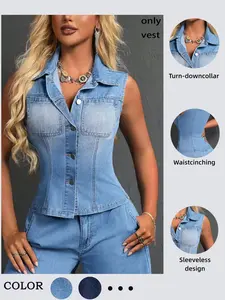 Women's Elegant Vintage Washed Waist Sleeveless Jeans Vest, Stylish Retro Chic Design with Button, Perfect for Casual Wear, Comfortable and Trendy Fit Outerwear
