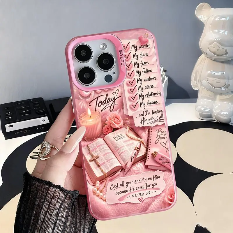 Pink Bible prayer collage print phone case. Compatible with iPhone 17 Pro Max/16 Pro Max/15 Plus/14/13/12/11. Ultra-thin silver protective case. Compatible with Galaxy S26 Ultra/S25 Plus/S24/S23/S21. Birthday/party gift.