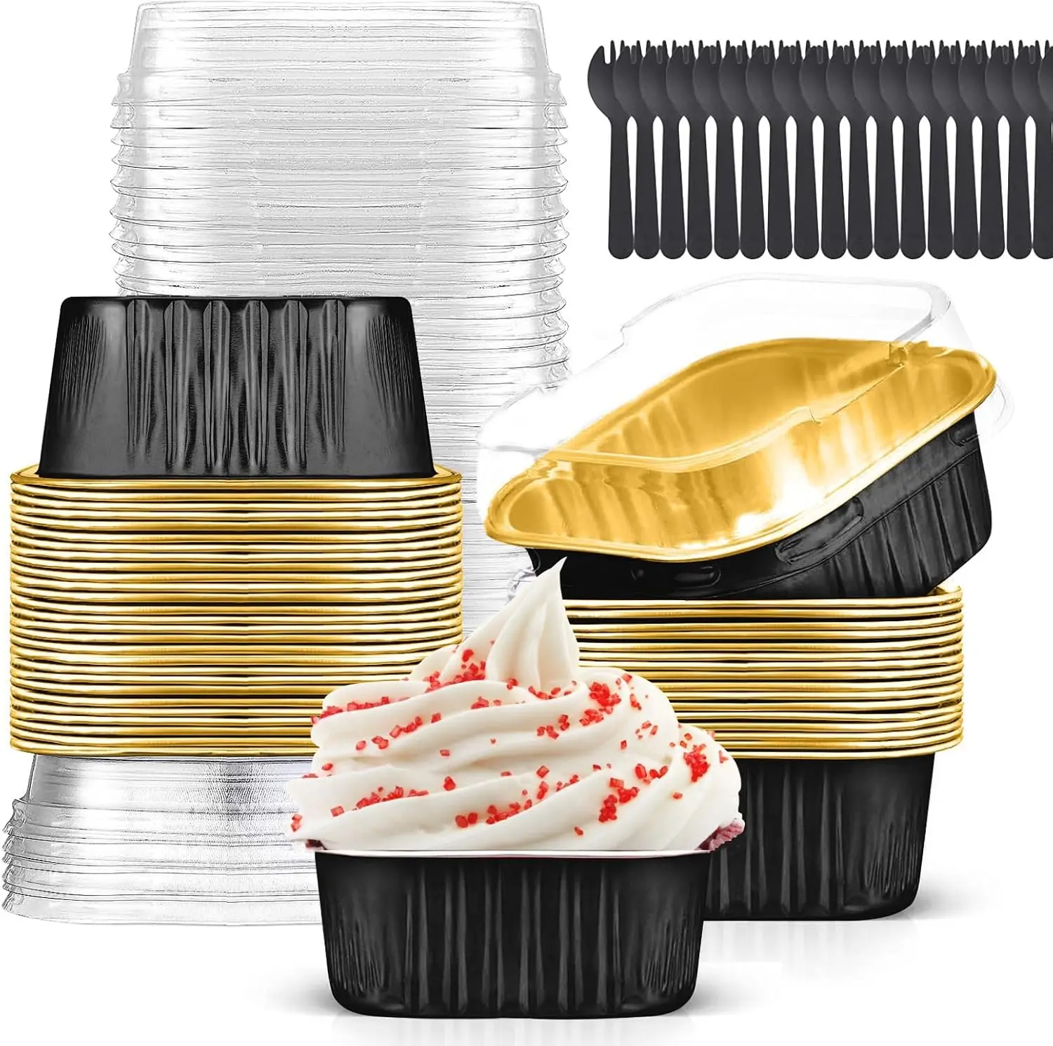 10oz Mini Cake Pans with Lids (40 Pack) Aluminum Foil Square Cupcake Liners Brownie Baking Cups,Disposable 4”x4” Large Cupcake Pan,Jumbo Muffin Tin Ramekins Holders