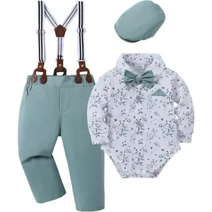 Baby Boys Formal Outfit 4 Piece Set Gentleman Styles Hooded Overalls Romper Bow Tie Wedding Party Suits for Toddler Boys