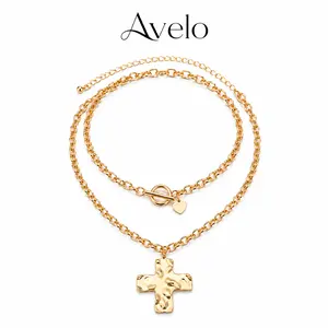 Layered Cross Necklace for Women, Gold Hammered Cross Pendant Necklace, Double Layer Chain Necklace with Heart Charm